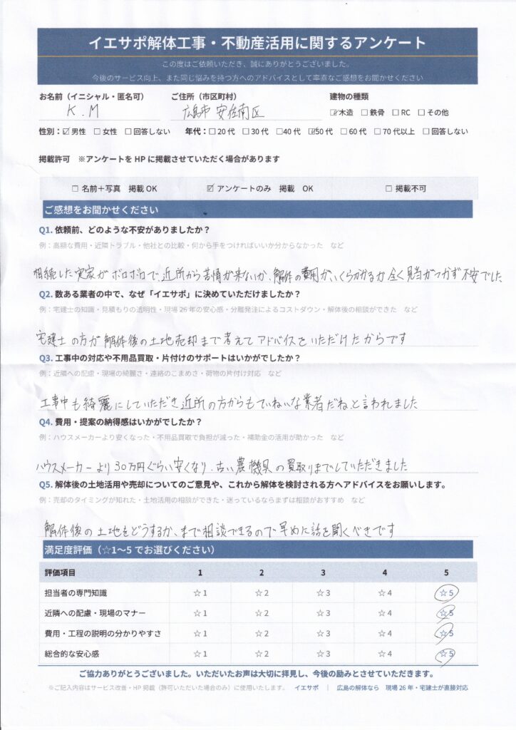 K.M様。イエサポ解体工事・不動産活用に関するアンケート
