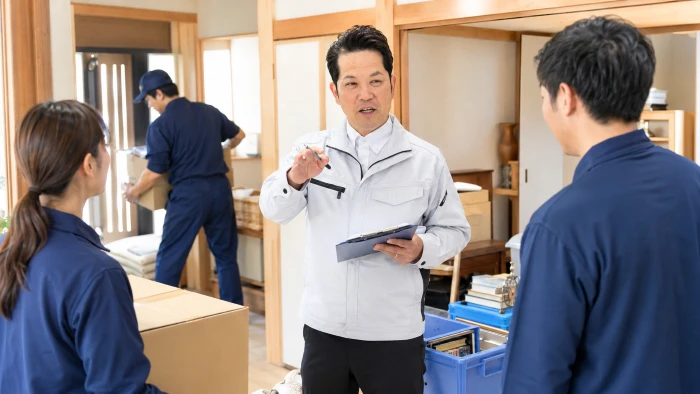 遺品整理の現場でスタッフに作業内容を指示するイエサポ代表の山木達也