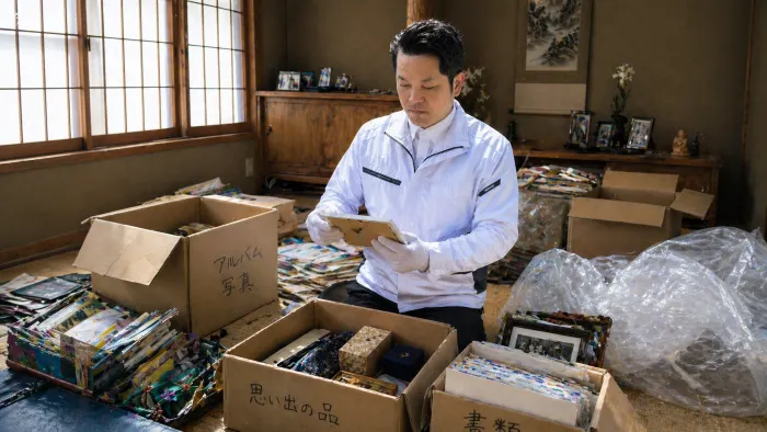遺品整理でアルバムや写真を一点ずつ丁寧に確認するイエサポ代表山木達也